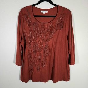 (EUC) COLDWATER CREEK Rust Embellished Front 3/4 Sleeve Top